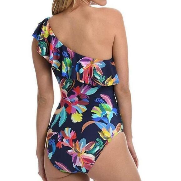 540 La Blanca By The Sea One tummy Control Shoulder Ruffle Mio NAVY FLORAL 4 new - Picture 2 of 2